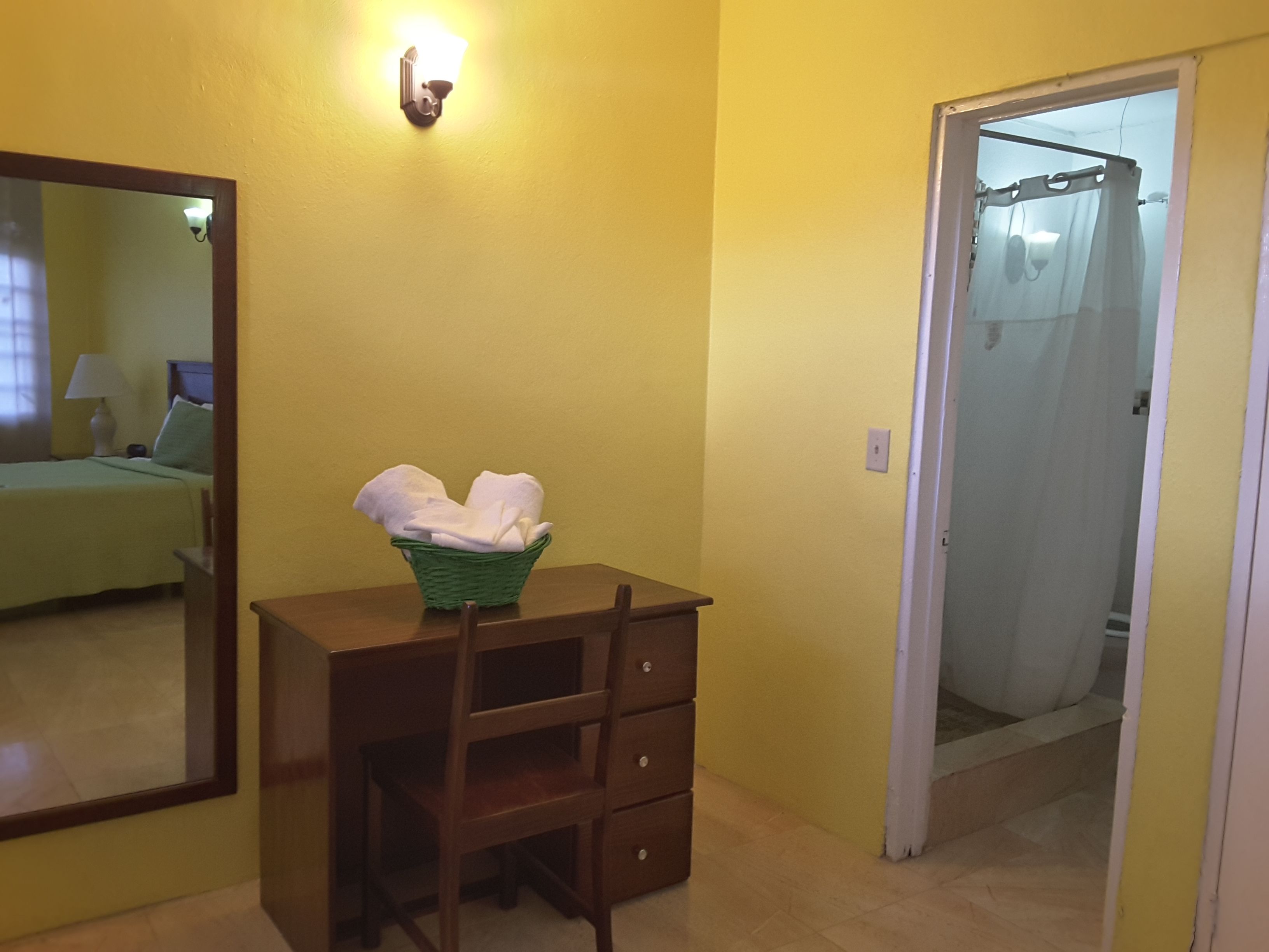 Una stanza con una scrivania in legno, un cesto verde contenente asciugamani, uno specchio e una tenda da doccia.