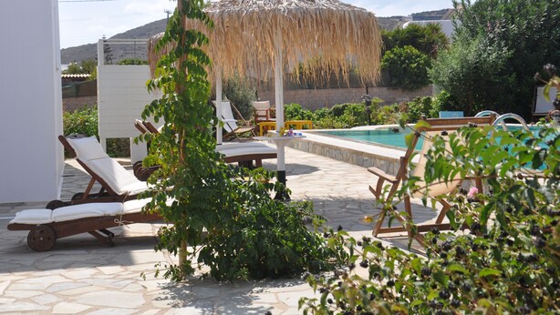 Zona de piscina con sillones de descanso, una sombrilla de paja y una piscina.