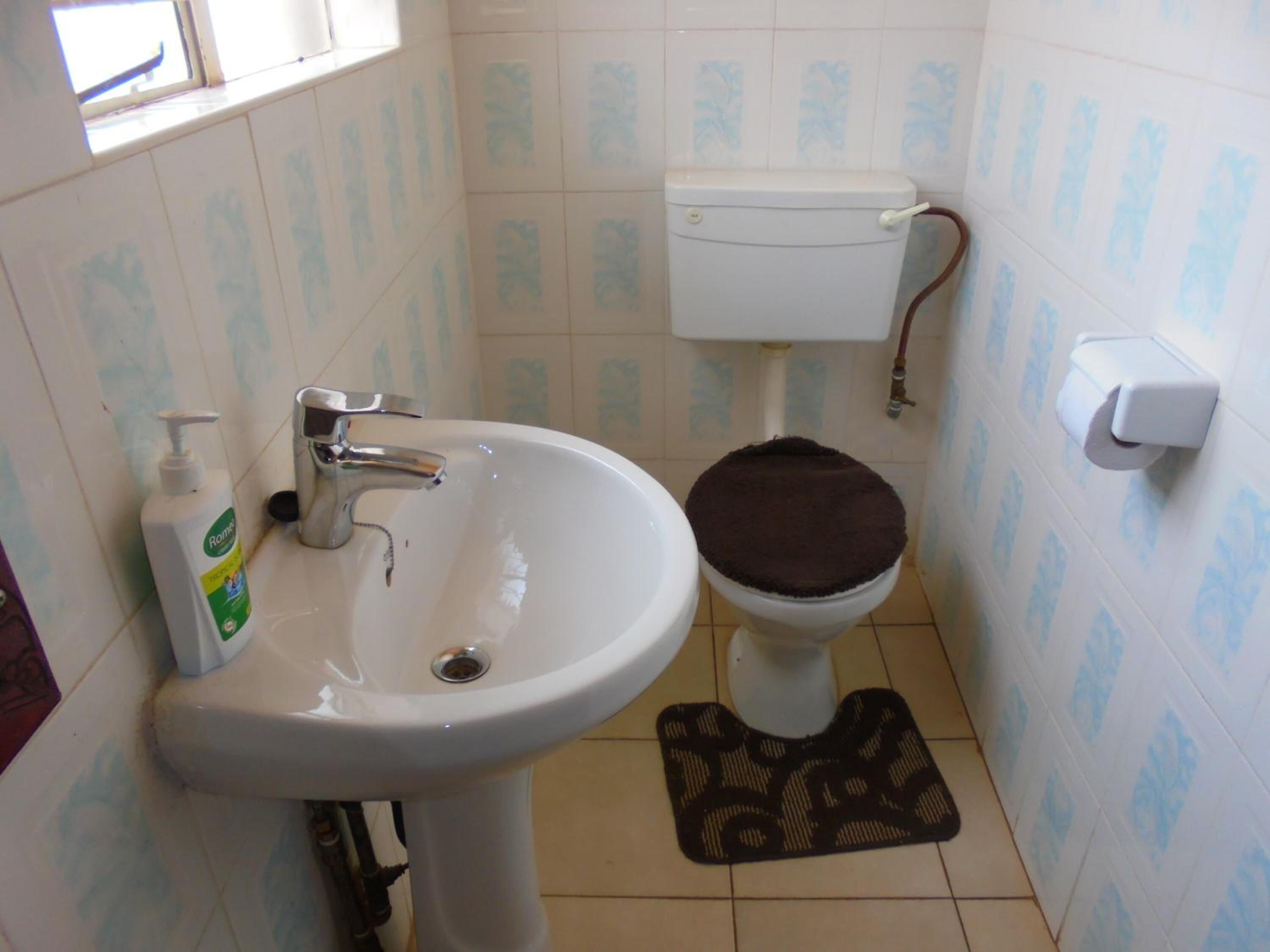 A bathroom with a white sink, a toilet with a brown seat, and a patterned floor mat.