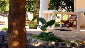 Uma área de pátio com guarda branco, um vaso de planta e uma cadeira.