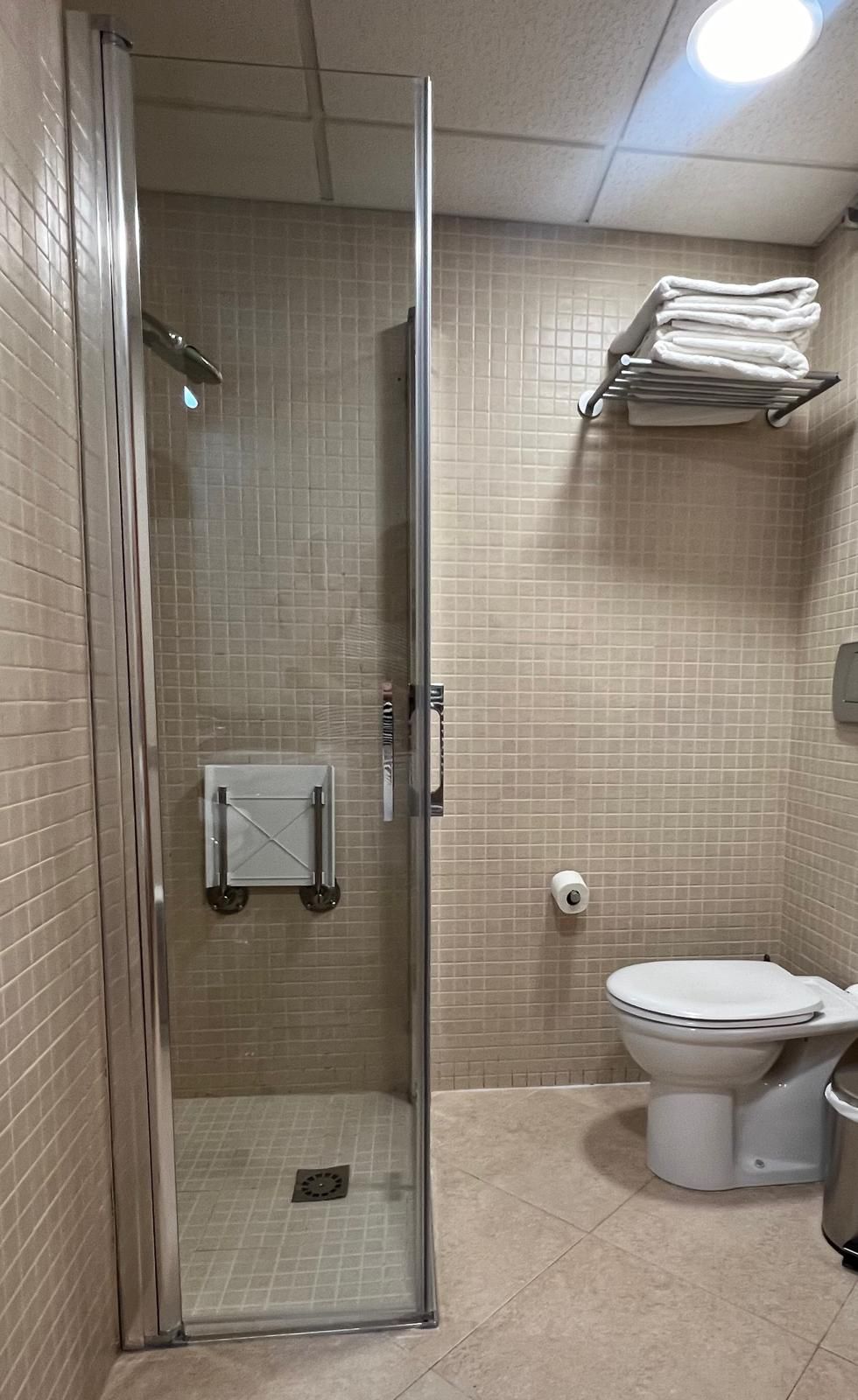 A bathroom with a glass-enclosed shower, a toilet, and a towel rack with folded towels.