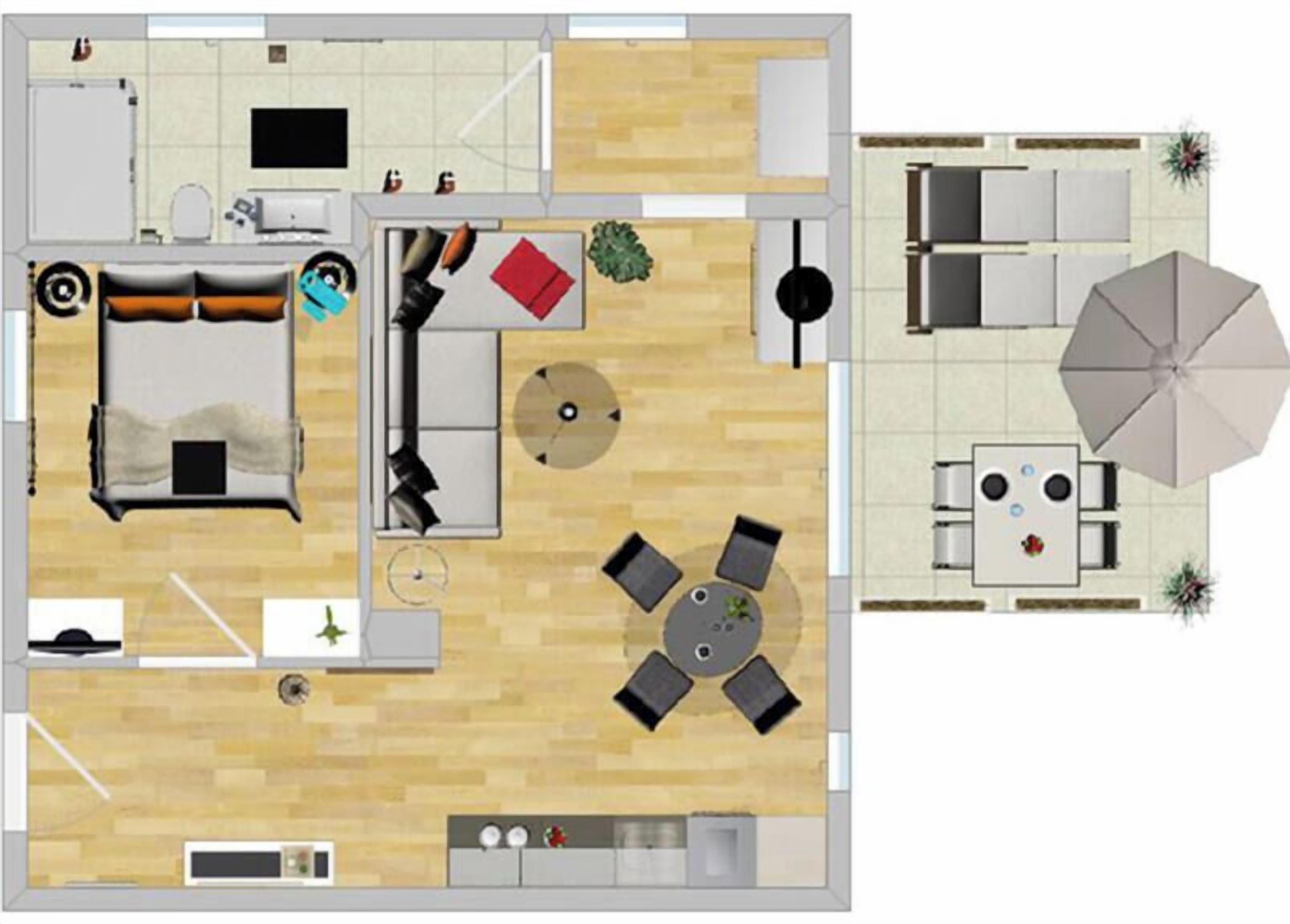 A hotel room layout with a bed, a TV, a desk, a chair, a small table, and a sofa.