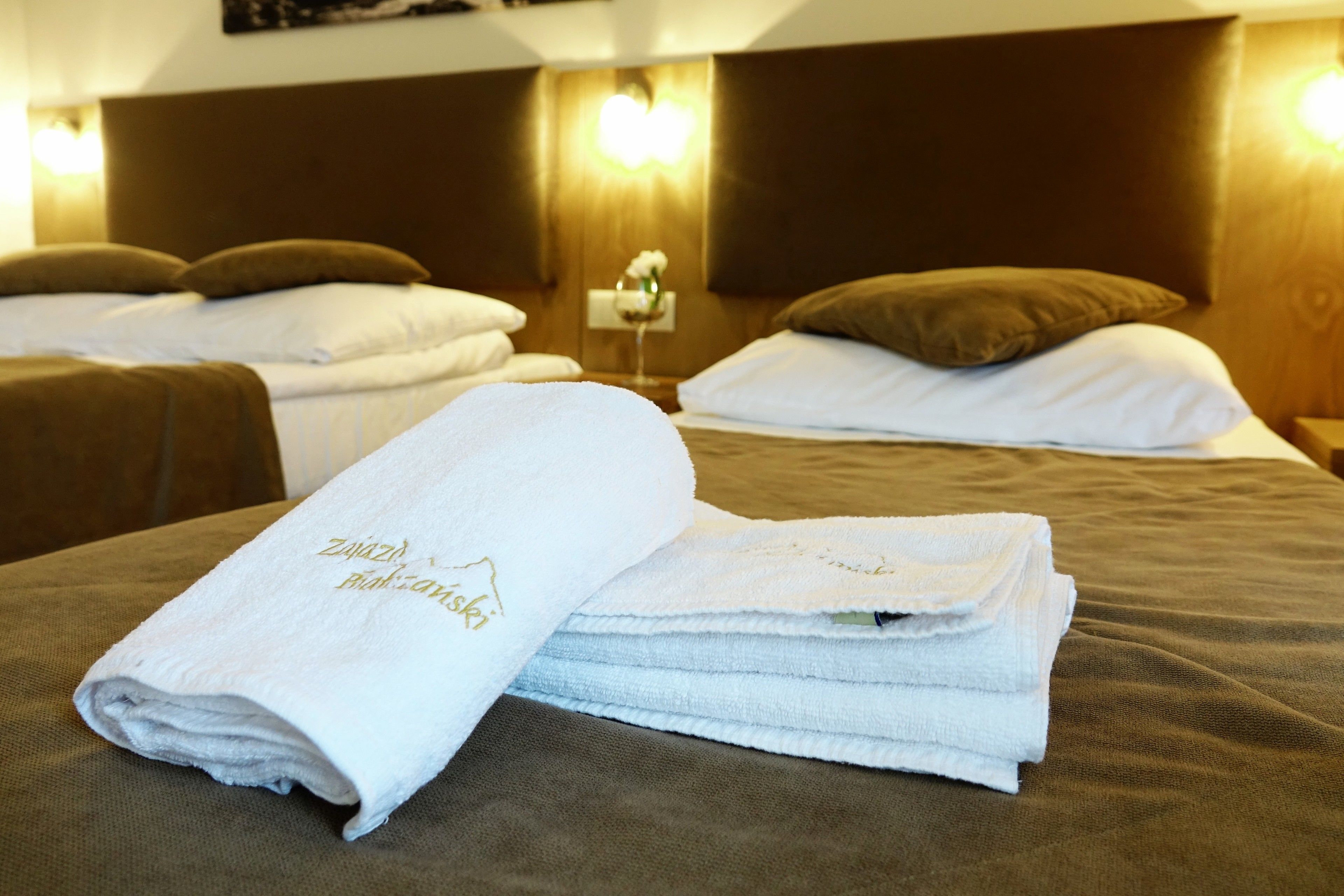 A hotel room with two beds, each with a neatly folded white towel and a brown pillow.