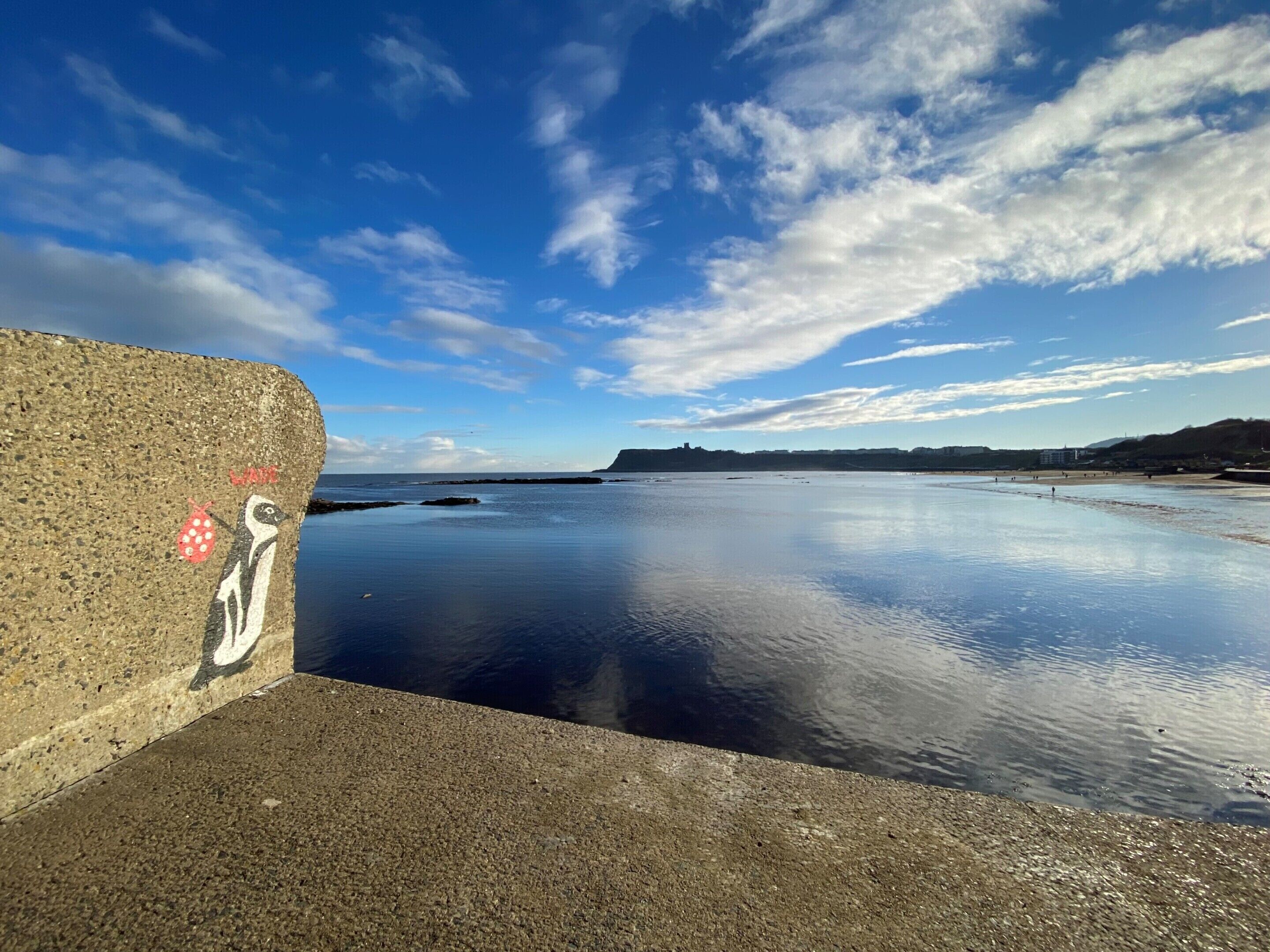 A coastal scene with a calm sea, a clear sky, and a distant hill.