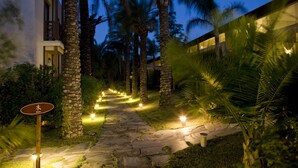 A pathway lined with palm trees leading to a building with a sign indicating a water feature. - The LifeCo Bodrum Well - Being Center - Adults Only (Bodrum)
