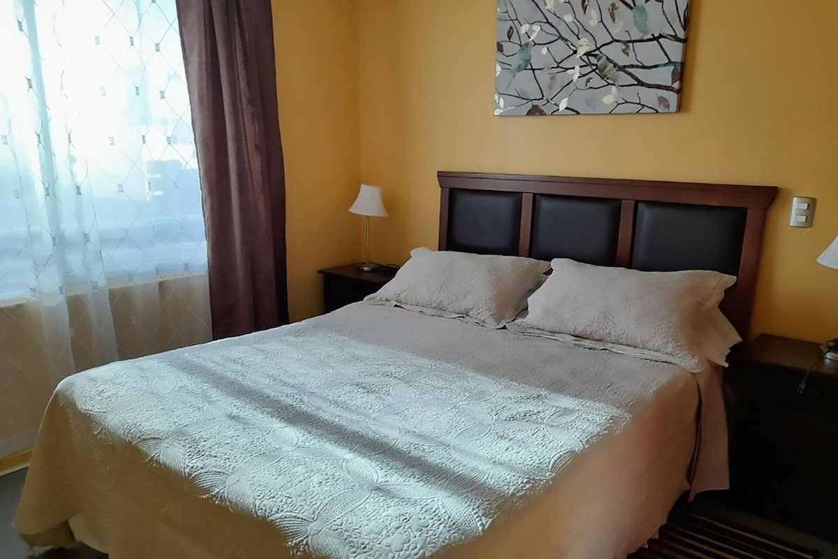 A hotel room with a bed, a nightstand, a lamp, a window with curtains, and a wall art piece.