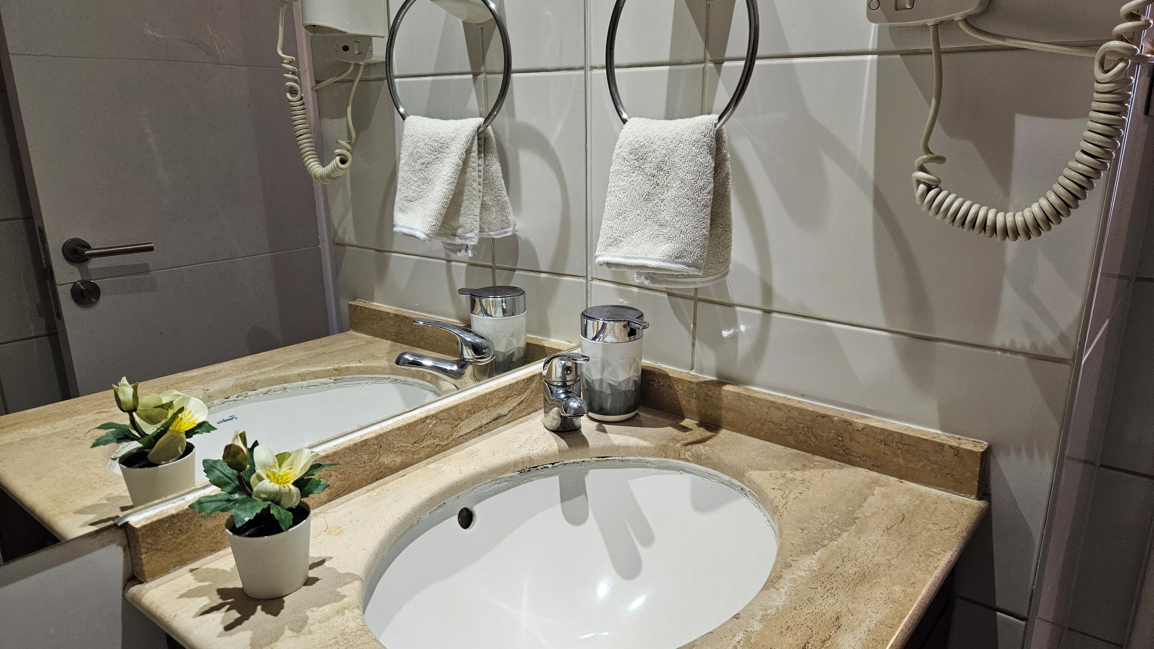 Une salle de bain avec deux lavabos, un miroir, un porte-serviettes et une plante en pot.