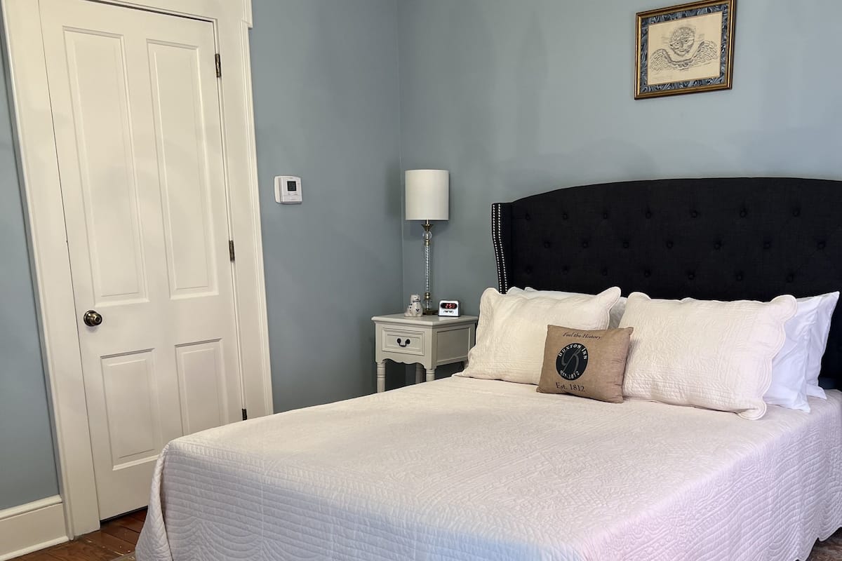 Une chambre à coucher avec un grand lit, une table de chevet, une lampe, un lustre, une porte et un tableau encadré au mur.