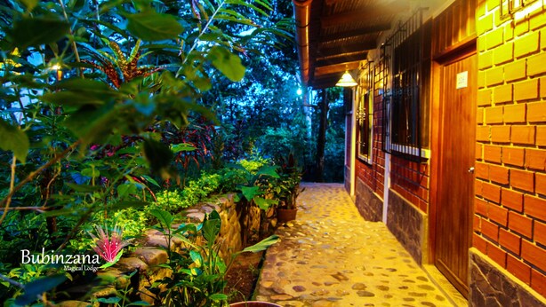A pathway leading to a wooden building with a brick exterior, surrounded by lush greenery and plants.