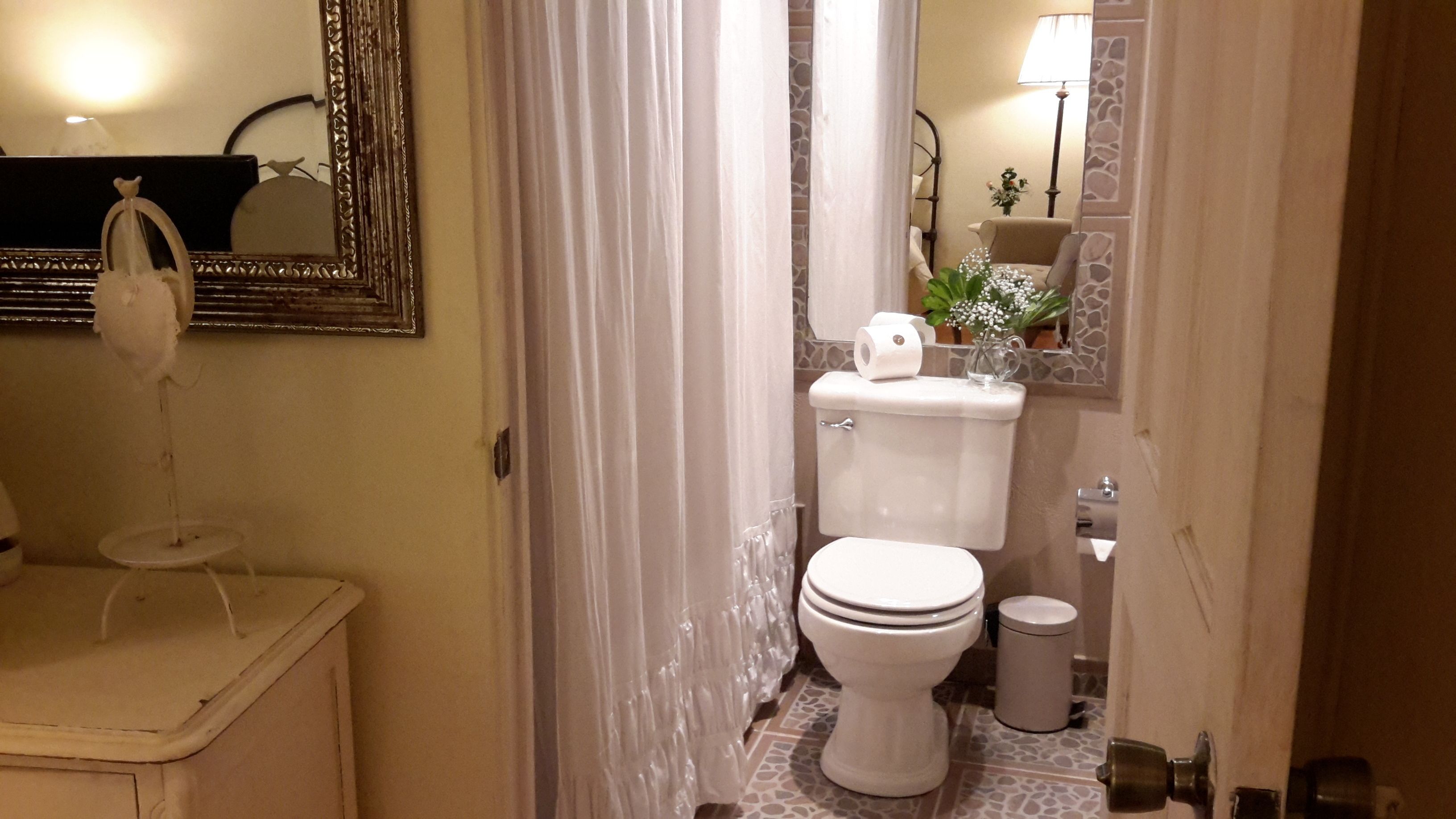 A bathroom with a toilet, a small sink, and a mirror.