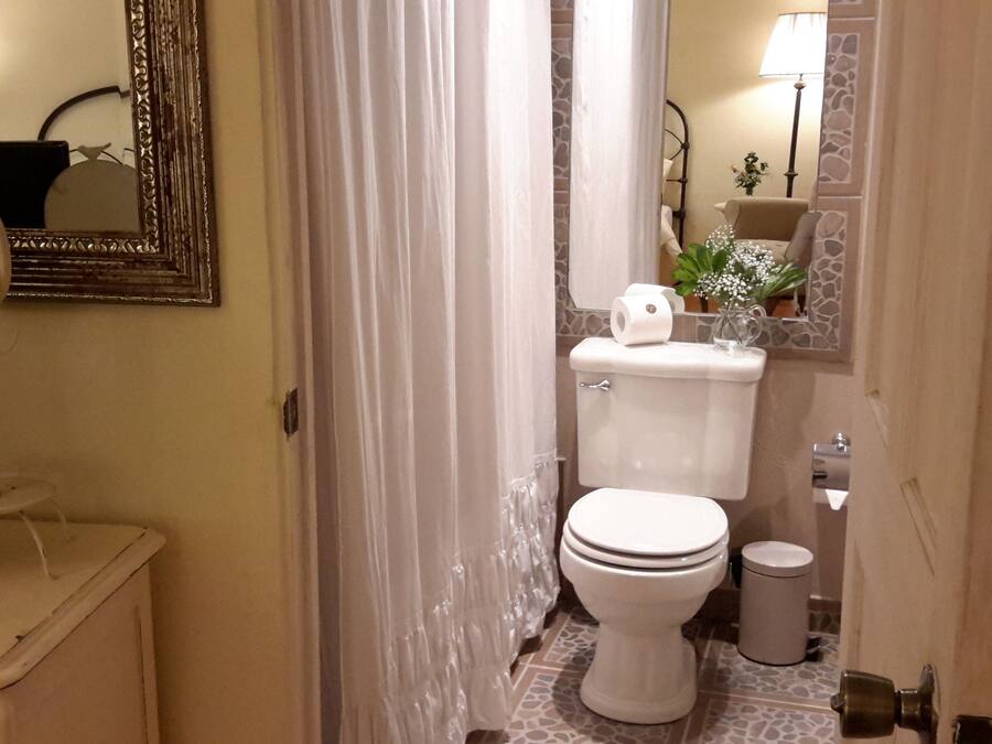 A bathroom with a toilet, a small sink, and a mirror.