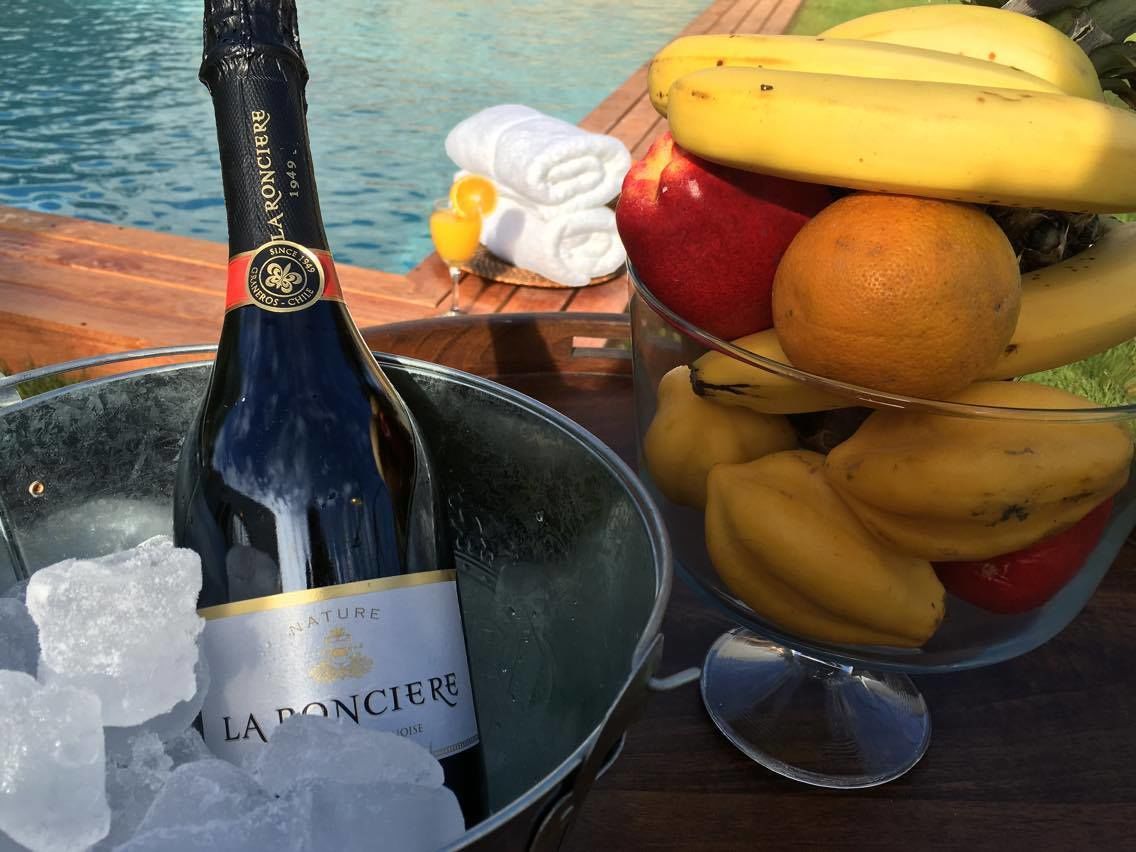 A bottle of La Ronciere champagne, ice cubes, and a bowl of fruit including bananas, apples, and oranges.