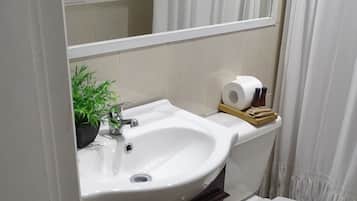 A bathroom with a white sink, a toilet, a trash bin, and a mirror.