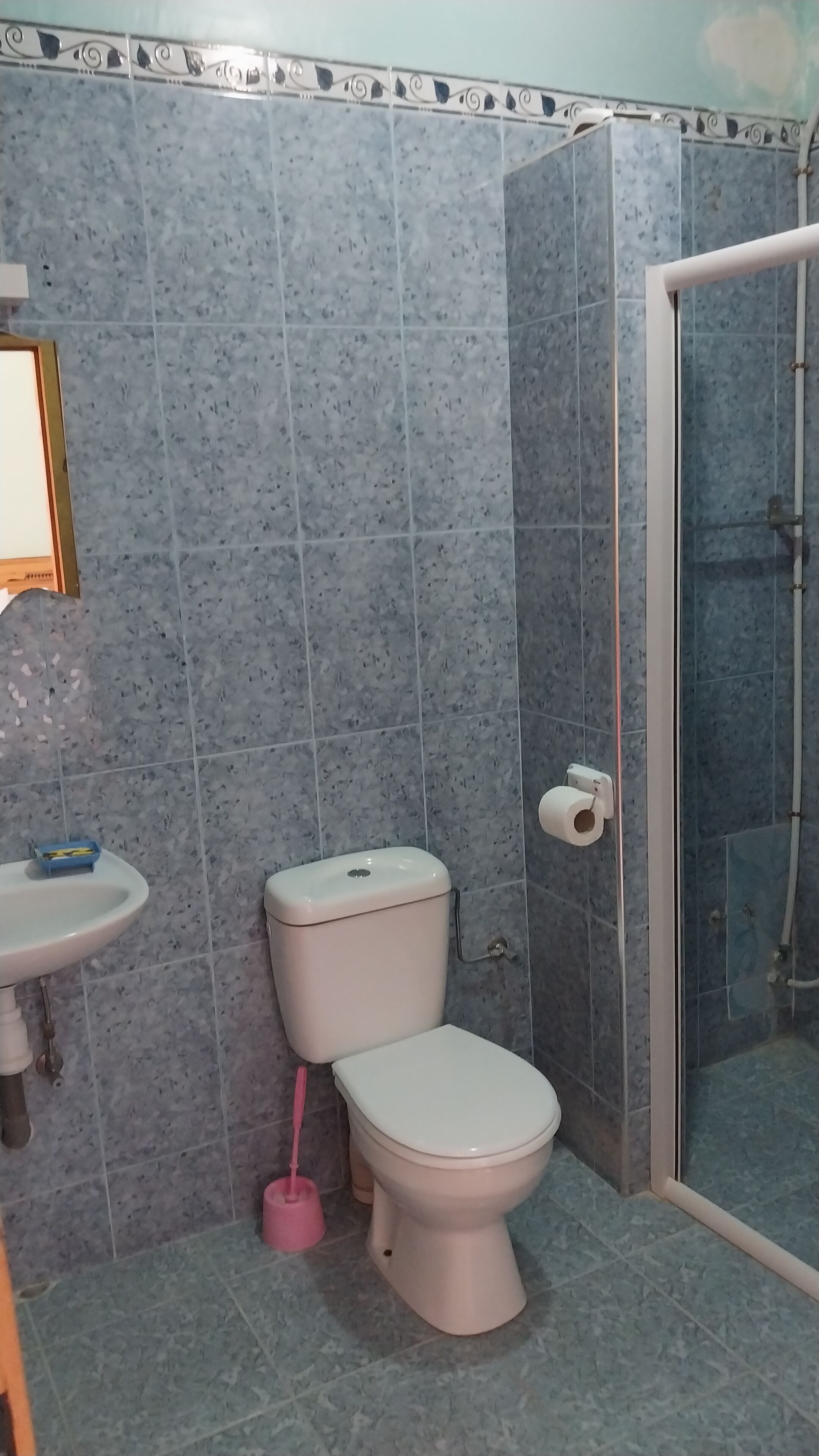 Een bad/douchecombinatie, een regendouche, handdoeken