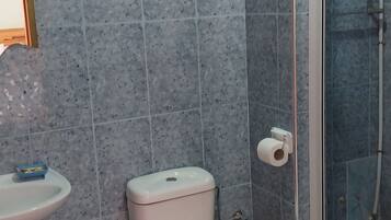 Een bad/douchecombinatie, een regendouche, handdoeken