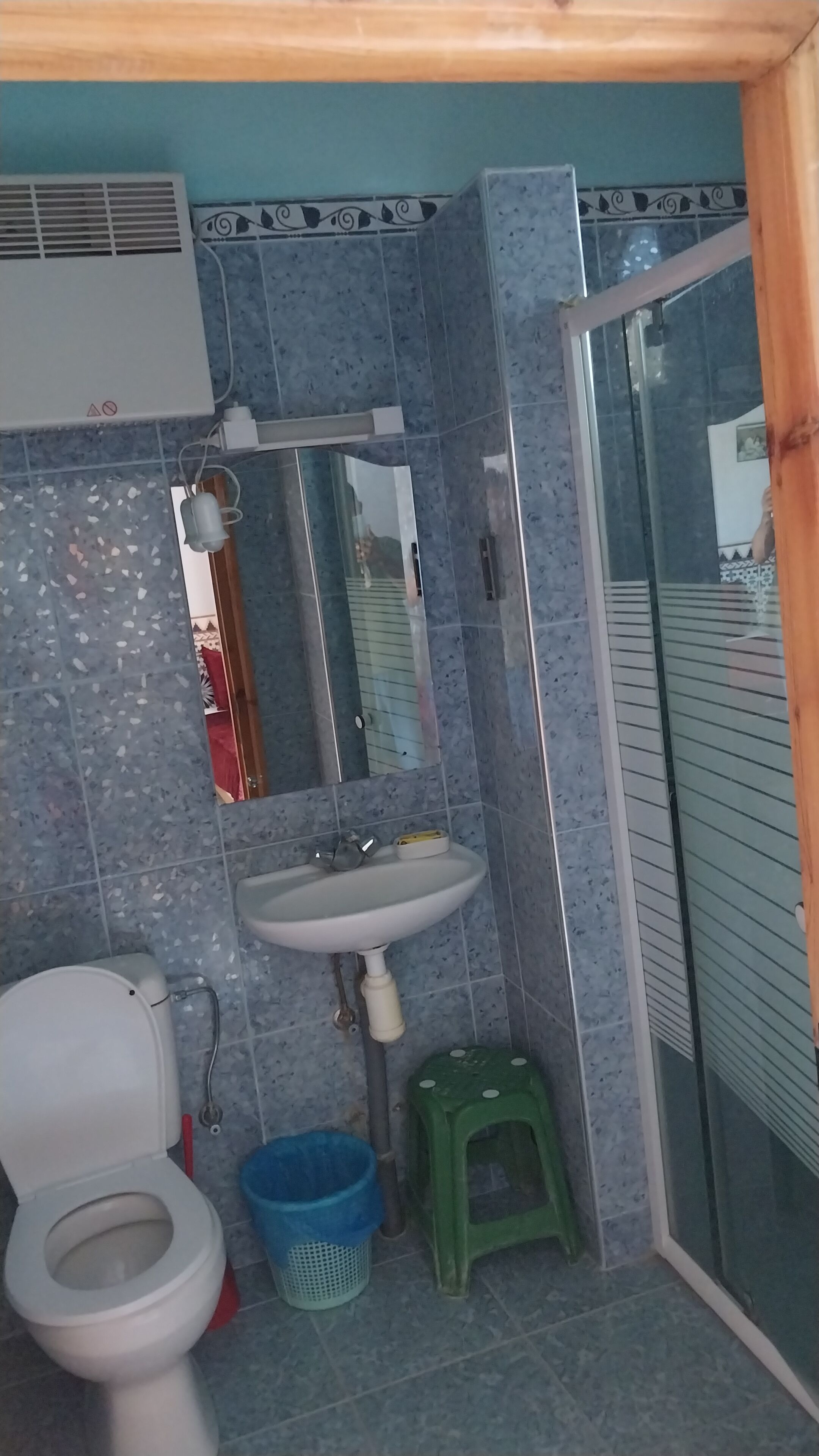 Ein Badezimmer mit Toilette, Waschbecken, Spiegel und Duschbereich.