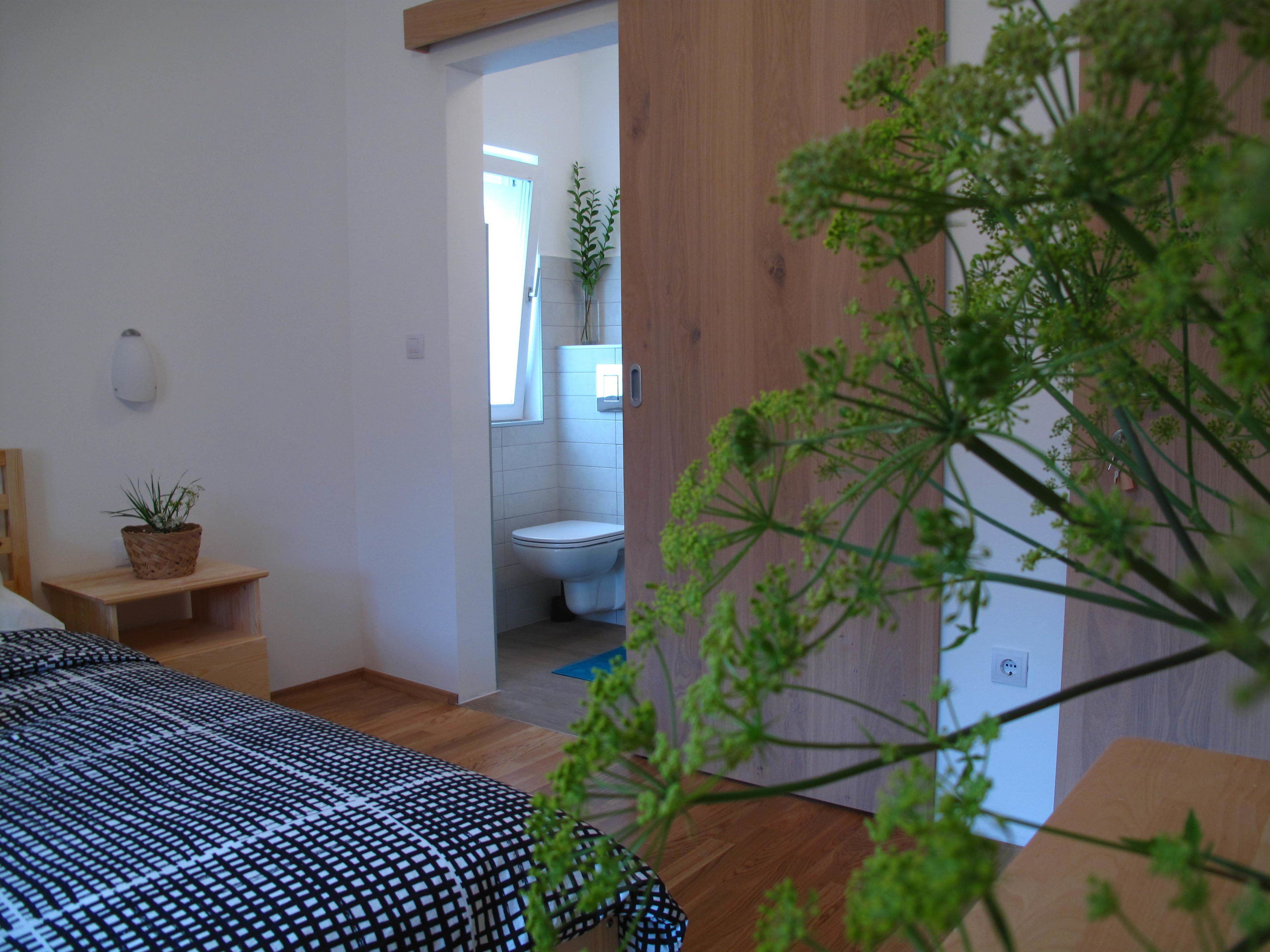Un dormitorio con una cama, una mesita de noche con una planta y vistas al baño.