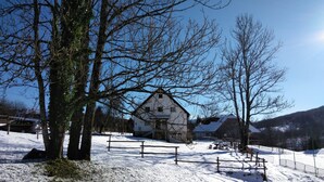 A snow-covered landscape with a white building, trees, and a clear blue sky. - Guesthouse Bor (Plitvicka Jezera)