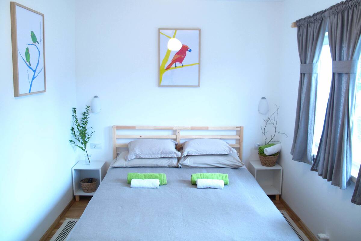 Una cama bien hecha con dos almohadas y dos toallas dobladas, un cuadro de un pájaro en la pared, una planta en la mesita de noche y una ventana con cortinas.