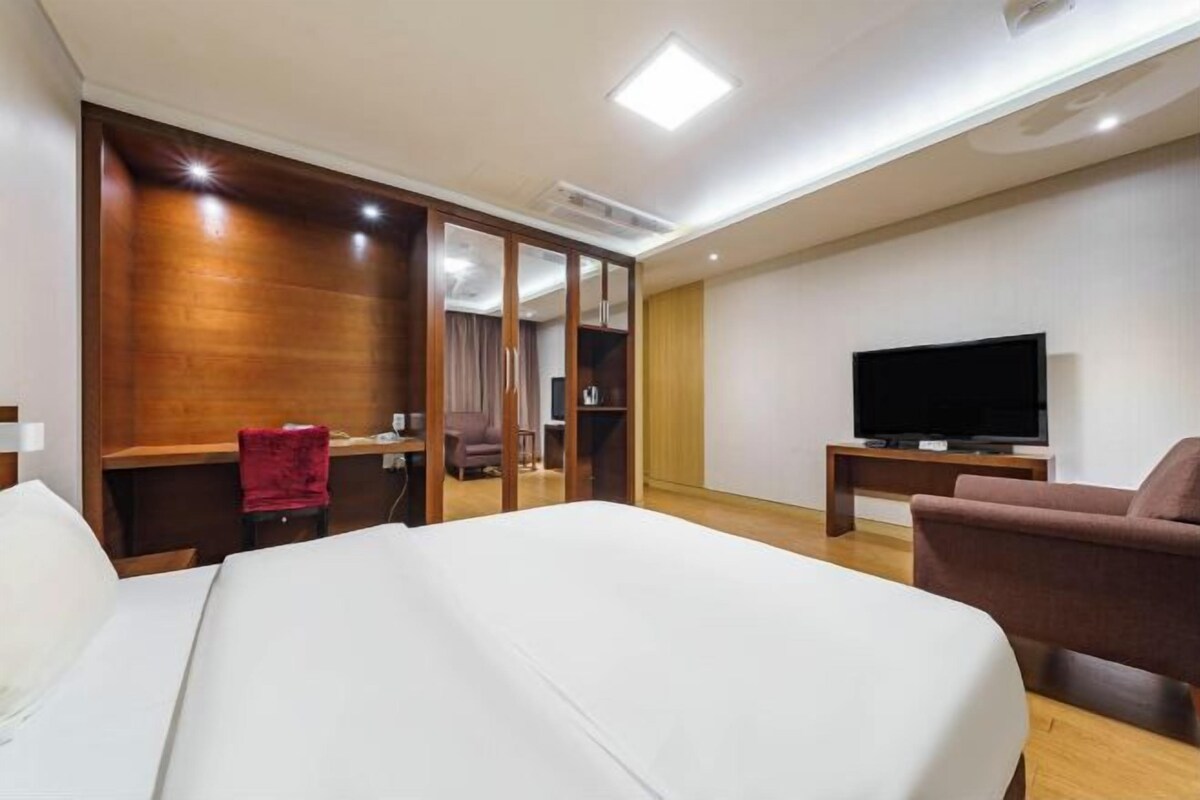 Habitación de hotel con una cama grande, televisión, escritorio con silla y armario.