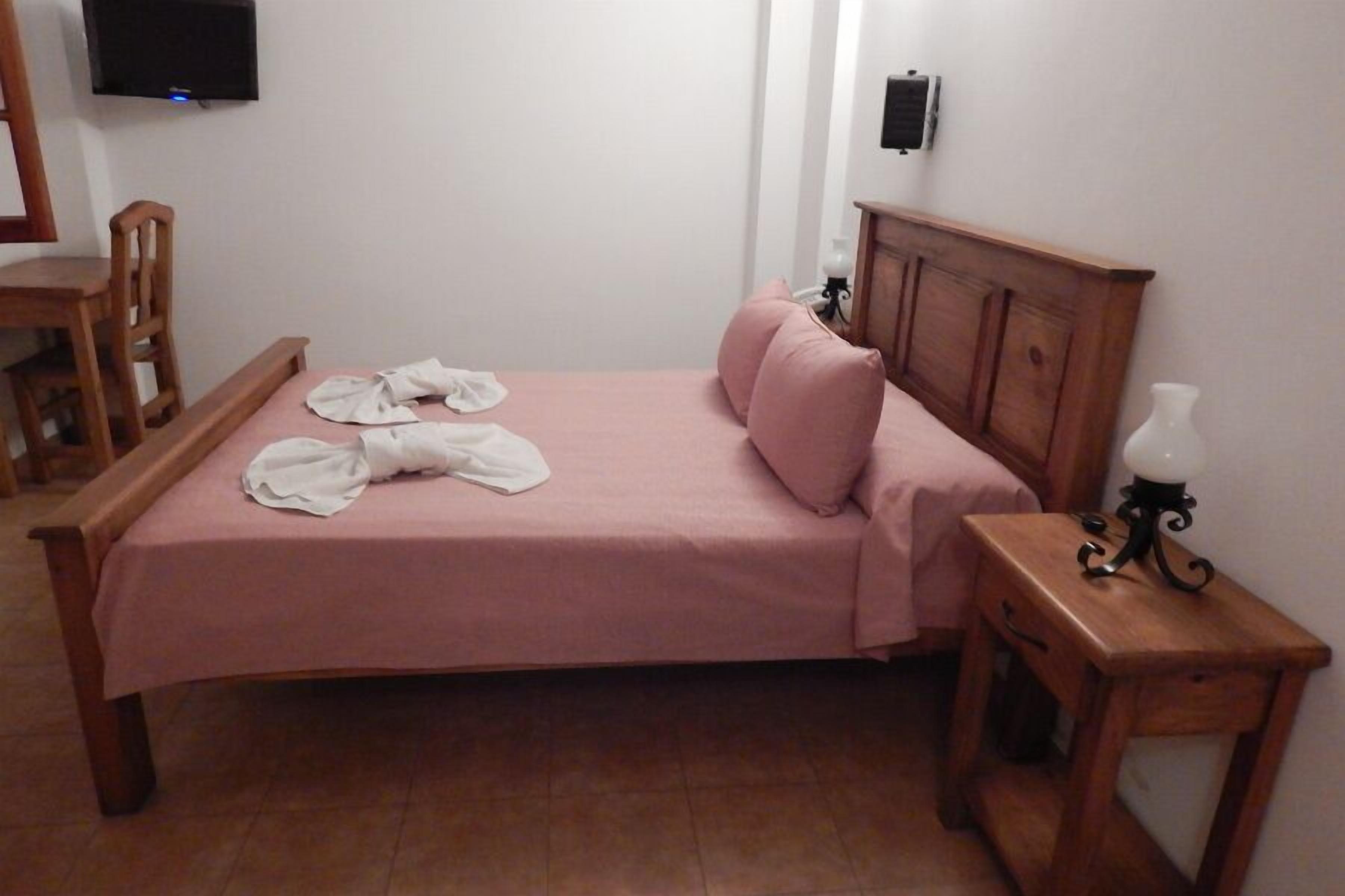 Una cama individual con una colcha y almohadas rosas, una mesita de noche de madera con una lámpara, una silla de madera y un televisor montado en la pared.