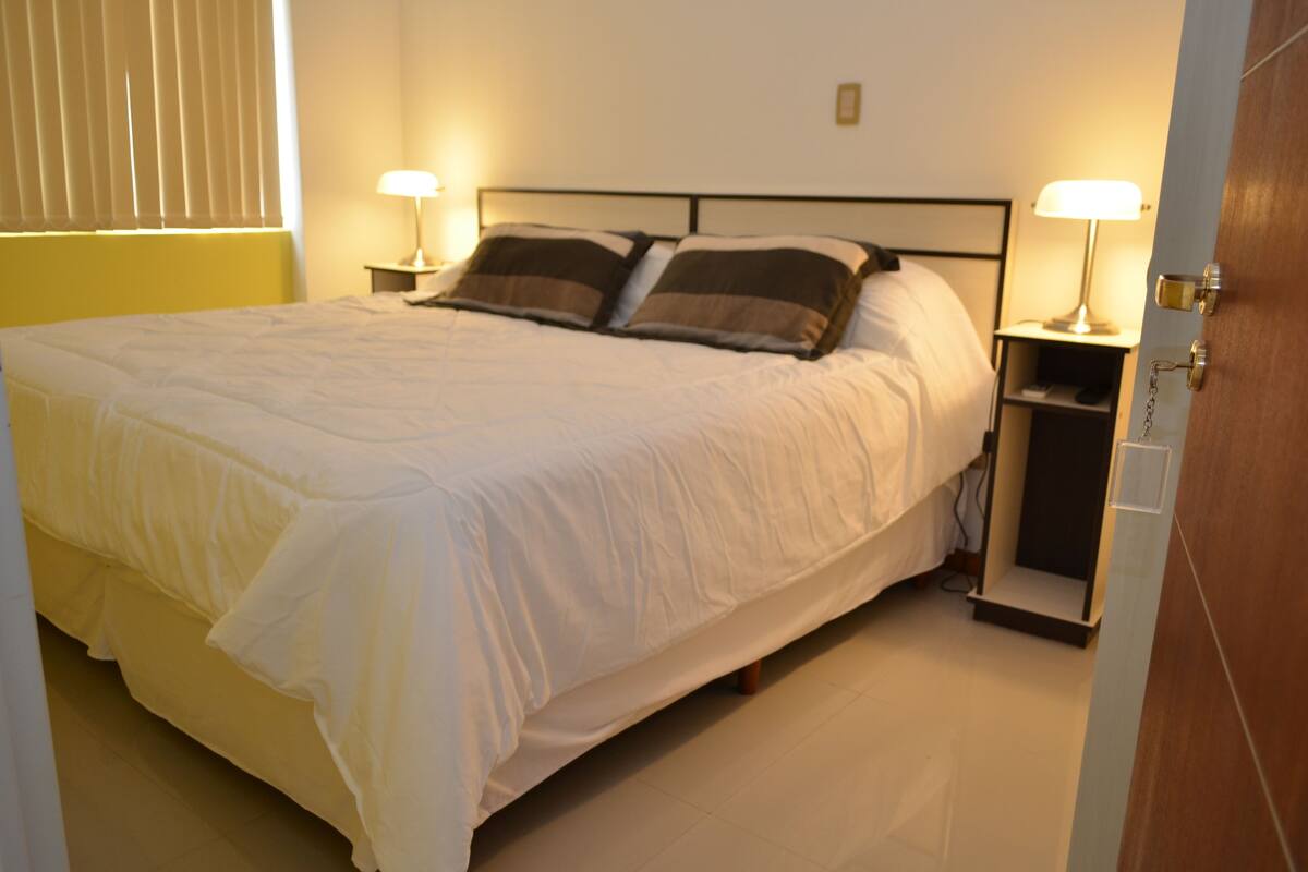 Una cama bien hecha con ropa blanca y dos almohadas, flanqueada por mesitas de noche con lámparas, en una habitación con puerta de madera y suelo de color claro.