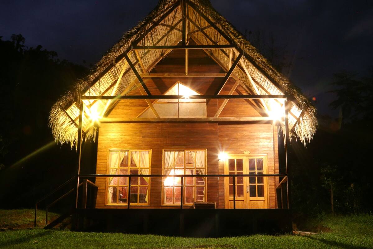 Uma casa de madeira com telhado de palha, iluminada por várias luzes, e cercada por vegetação.