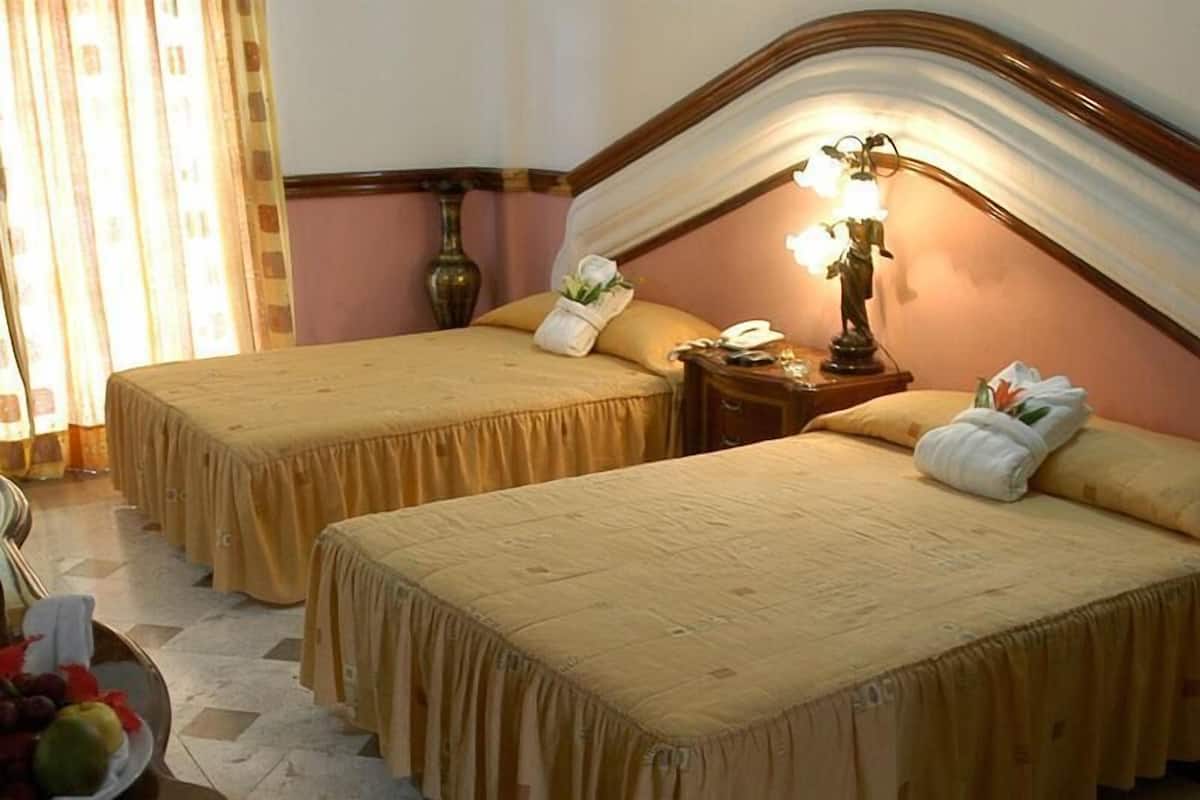 Een hotelkamer met twee bedden, een nachtkastje met een lamp, een schaal fruit en een gordijn.