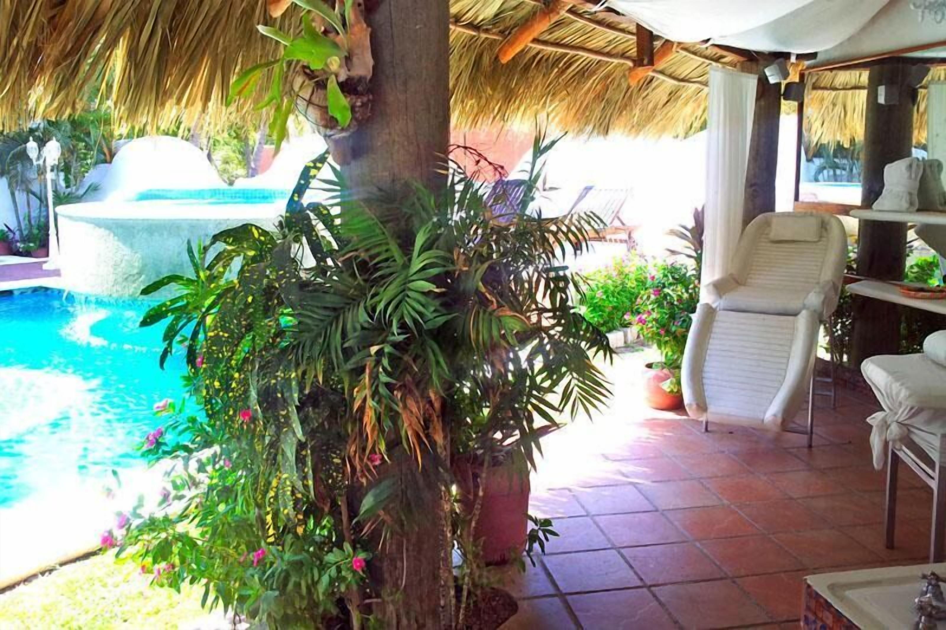 A pool area with a thatched roof, lounge chairs, and potted plants.