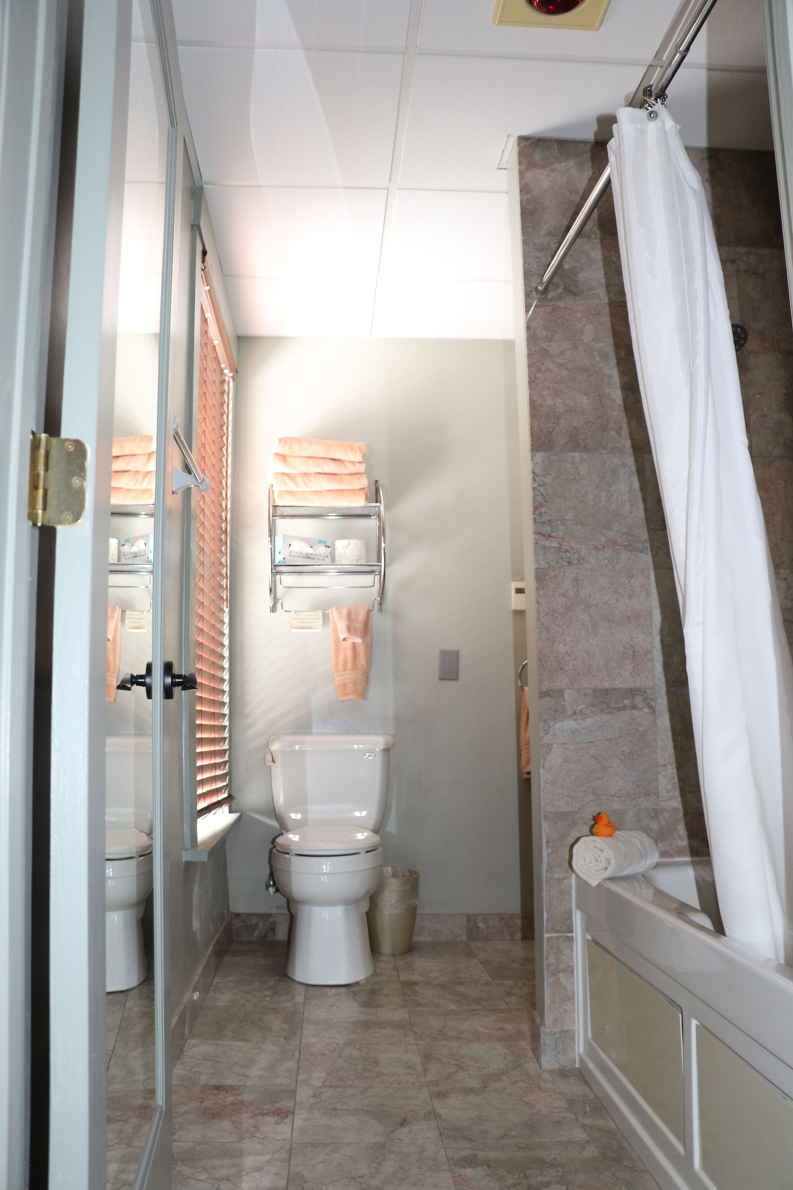 Une salle de bain comprenant des toilettes, une douche et un espace douche délimité par des parois en verre.