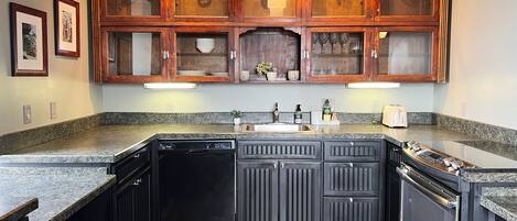 A kitchen with dark cabinetry, granite countertops, and a built-in dishwasher.