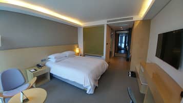 A hotel room with a bed, bedside table, lamp, chair, and a TV mounted on the wall.