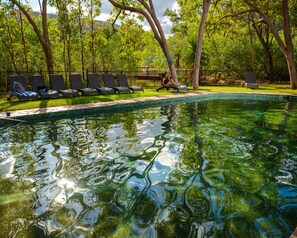 A swimming pool with clear water, surrounded by lounge chairs and trees. - El Questro - Emma Gorge (Durack)