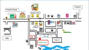 A map with various labeled locations and icons representing different amenities and landmarks.