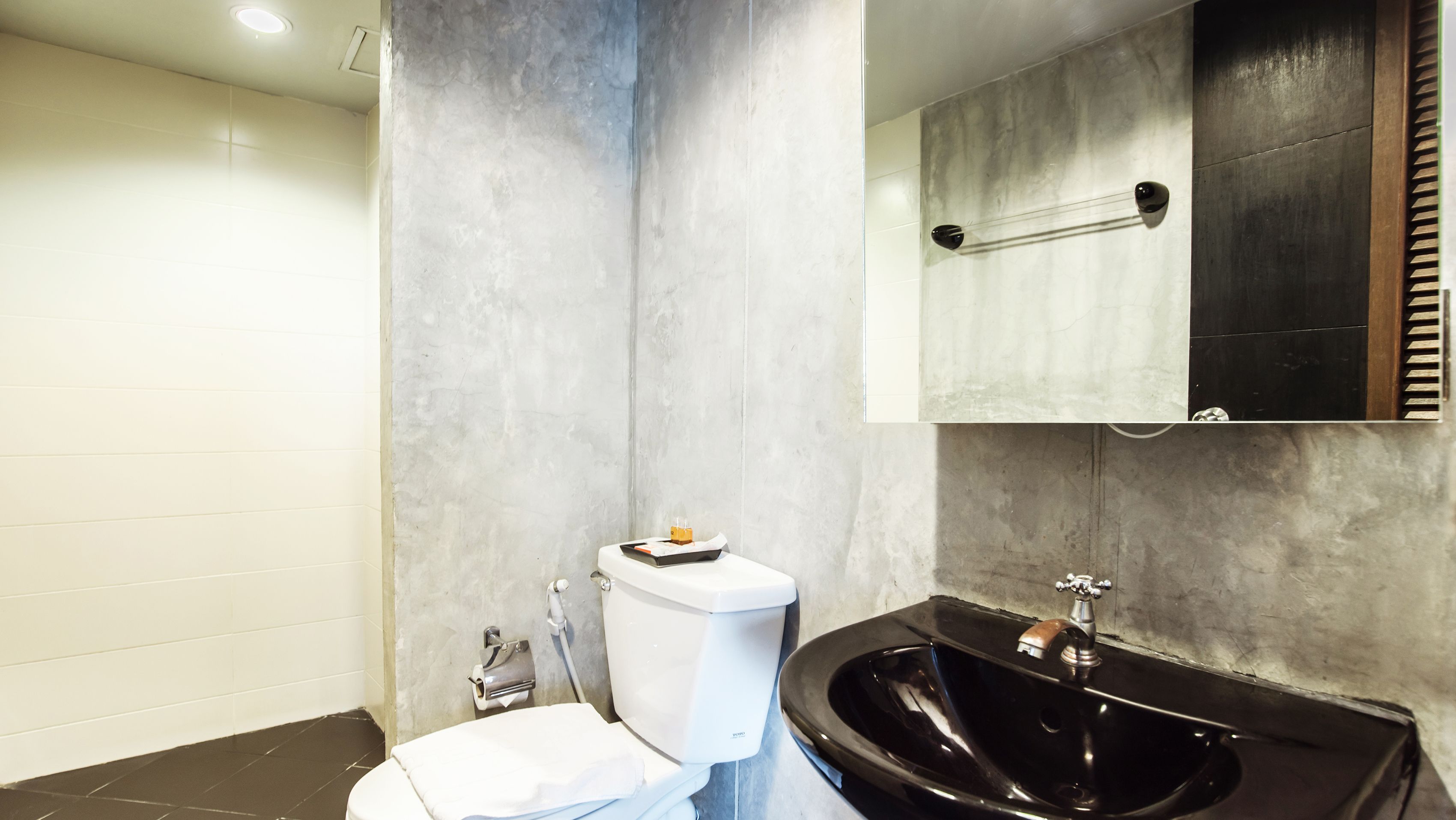 A bathroom with a white toilet, a black sink, and a mirror above the sink.