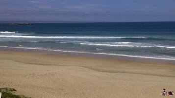 A beach with a sandy shore and waves.