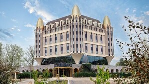 A hotel with a unique architectural design featuring a central tower and two symmetrical towers with golden tops. - Efteling Wonder Hotel - Theme Park tickets included (Kaatsheuvel)