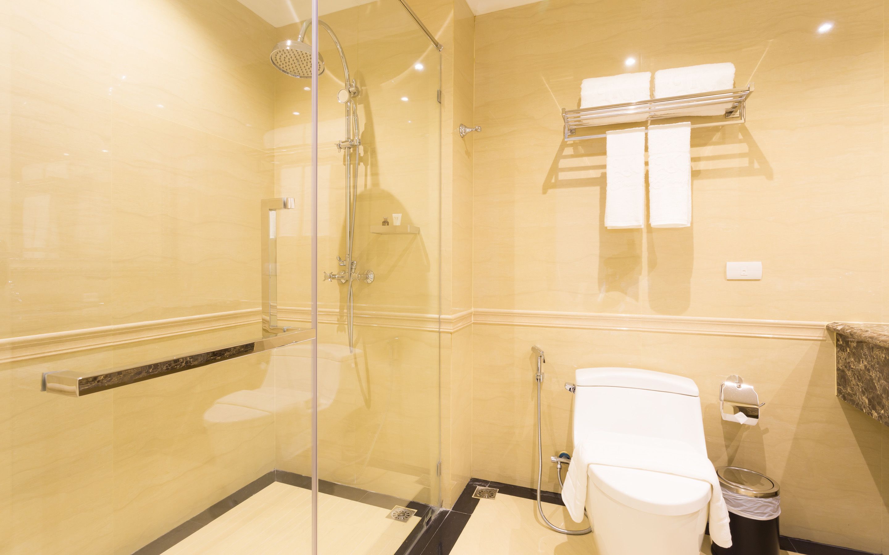 A modern bathroom with a glass-enclosed shower, a toilet, and a towel rack.
