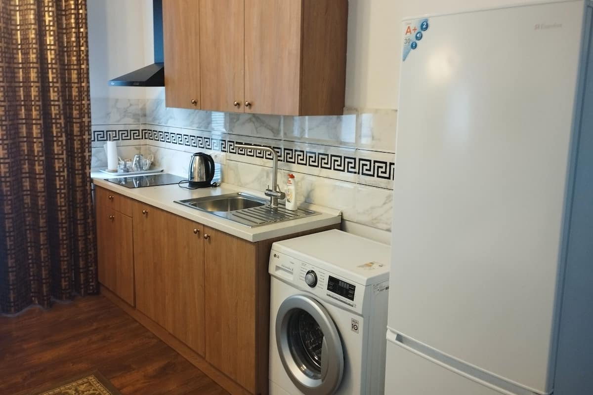 Une cuisine compacte avec des meubles en bois, un évier encastré, une bouilloire et un lave-linge à chargement frontal.
