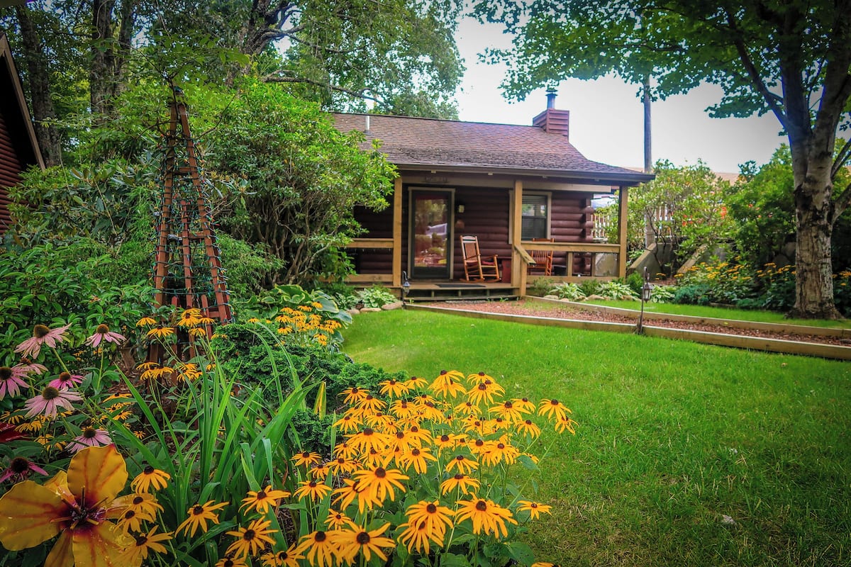 A rustic log cabin with a porch, surrounded by a well-maintained garden with yellow flowers and green foliage.