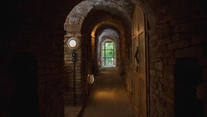 A stone corridor with an arched ceiling, a circular light fixture, and a large window at the end.