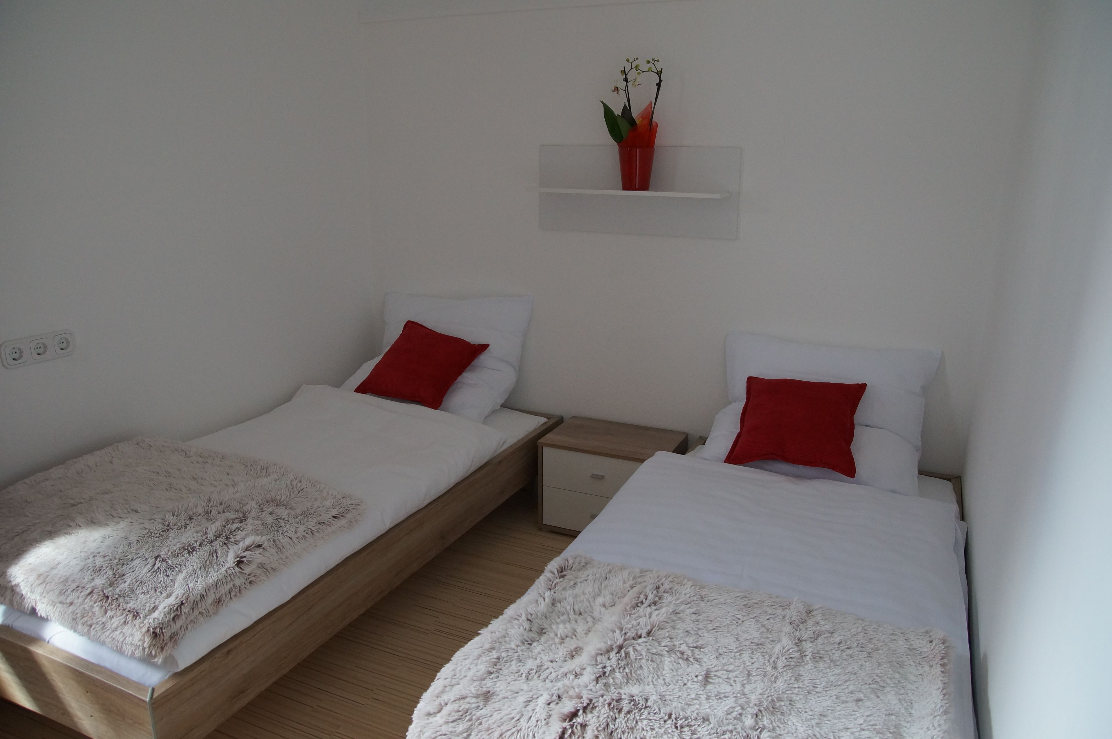 A bedroom with two single beds, each with a white mattress and red pillows, a wooden nightstand, and a small shelf with a plant.