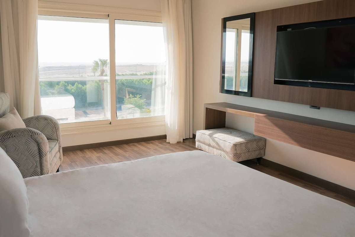 A hotel room with a large bed, a sofa, a TV mounted on the wall, and a window with a view of greenery and a distant landscape.
