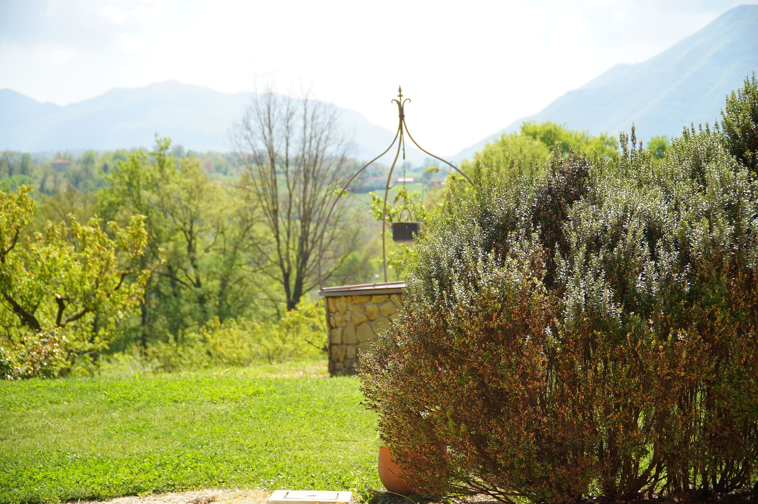 Un jardín con muro de piedra, maceta colgante y vistas a montañas.