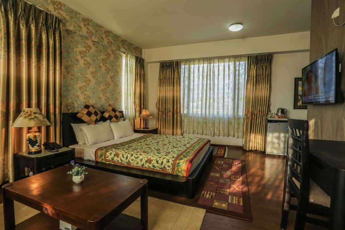 Una habitación de hotel con una cama, un escritorio, un televisor y vistas al exterior.