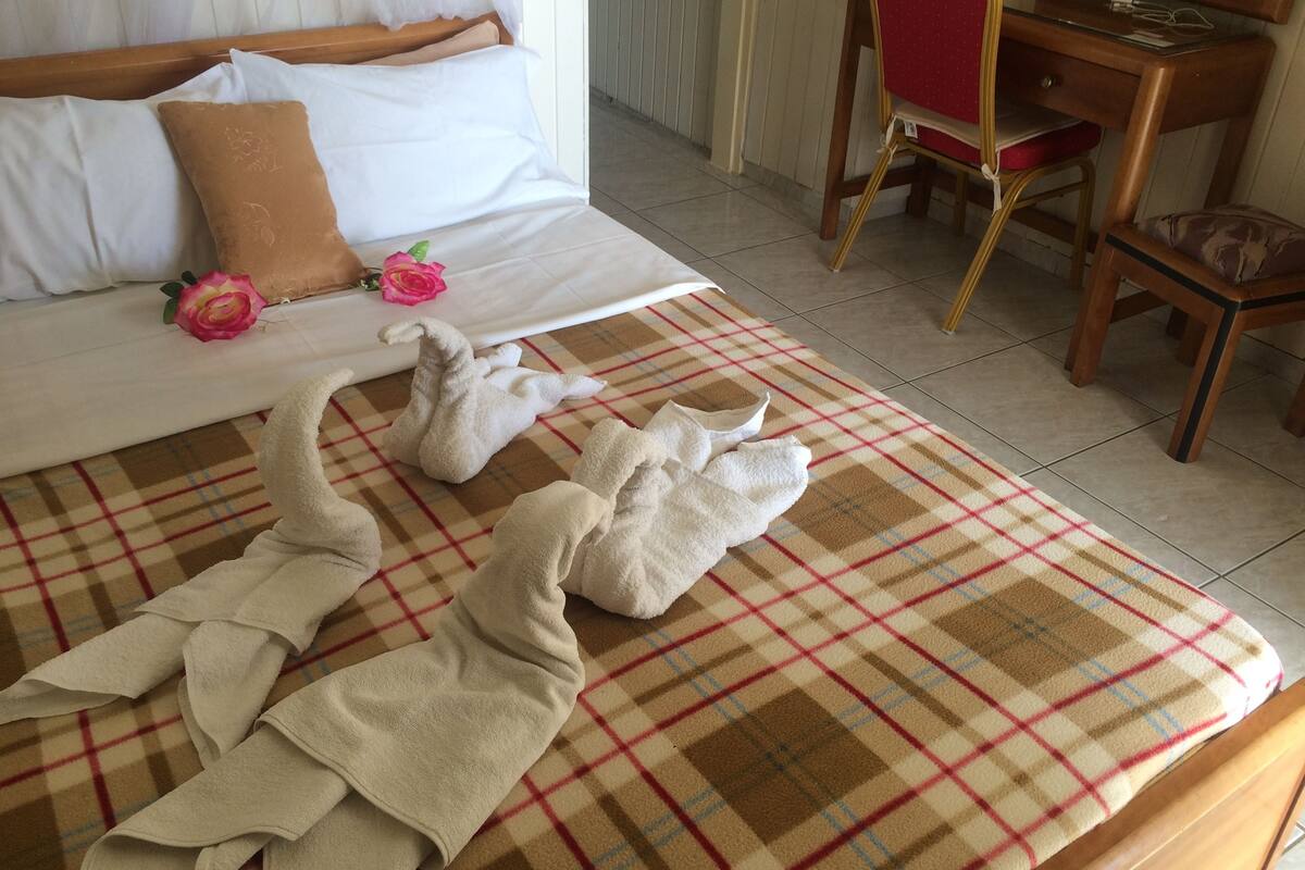 A hotel room with a bed, a chair, a desk, and a mirror.