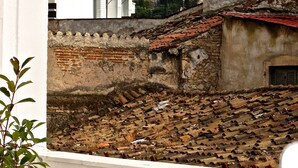 A view from a balcony overlooking ancient ruins and modern buildings, with a plant and bananas on the table. - Concierge Monastiraki (Athens)