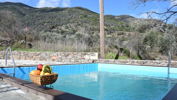 A swimming pool with a stone wall and a basket of fruit on the edge. - Villa Vlatos (Kissamos)