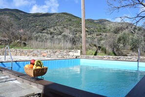 Una piscina con una pared de piedra y una cesta de fruta en el borde.