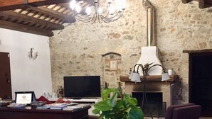 Ein rustikales Interieur mit einer Steinwand, Holzbalkendecke, Kamin, Fernseher und einer Topfpflanze.